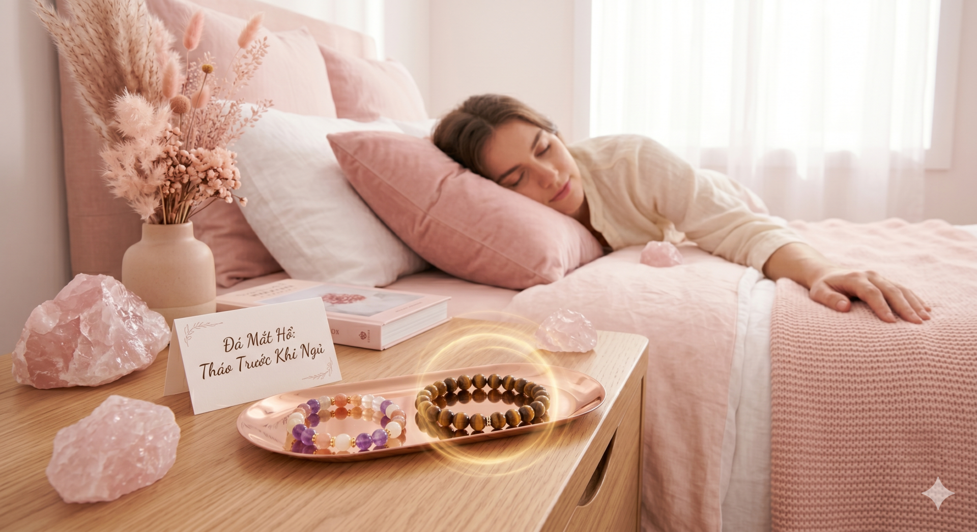 Đá Mắt Hổ mang từ trường mạnh, cần được tháo ra khi bạn băn khoăn có nên đeo vòng đá phong thủy khi đi ngủ hay không