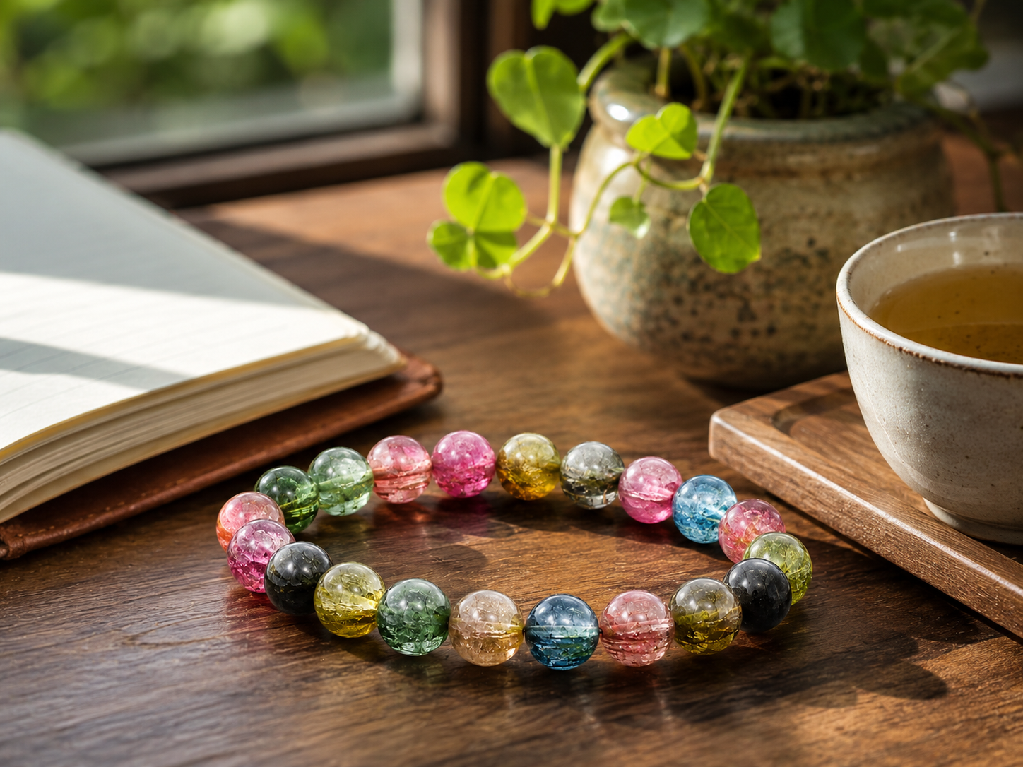Vòng đá Tourmaline đa sắc đặt trong không gian thư giãn tượng trưng cho sự cân bằng năng lượng.